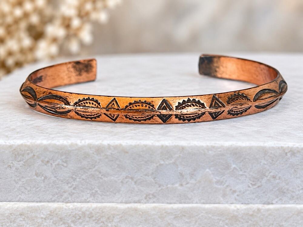 Vintage Navajo Solid Copper Cuff Bracelet Stamped Southwestern Native Western